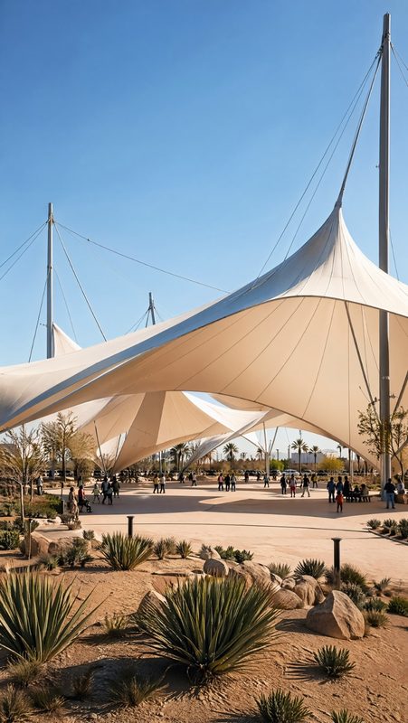 Tensile fabric canopies in a Qatar public plaza — soft-wash drone cleaning by Clear Sky Drones