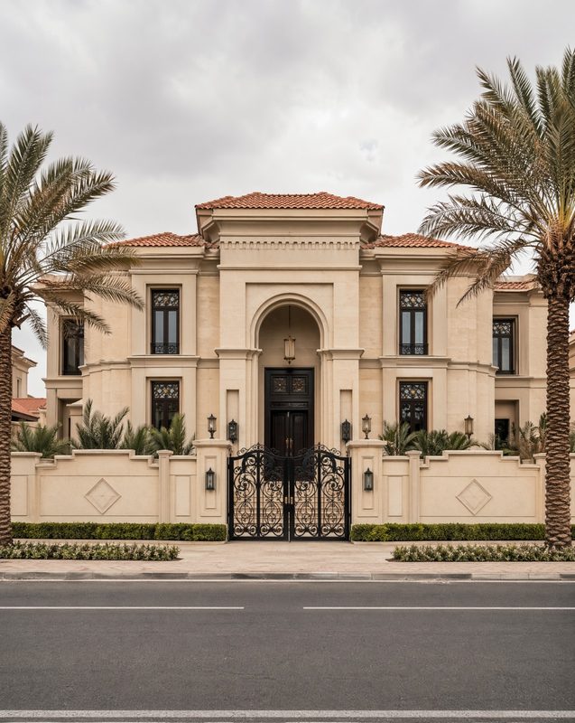 Luxury Qatari villa with palm-lined frontage — exterior cleaning by Clear Sky Drones