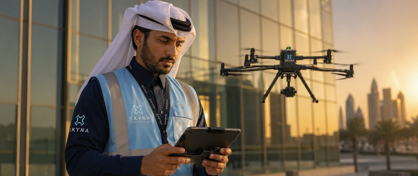 Qatari Clear Sky Drones drone pilot operating an autonomous quadcopter against the Doha skyline at golden hour