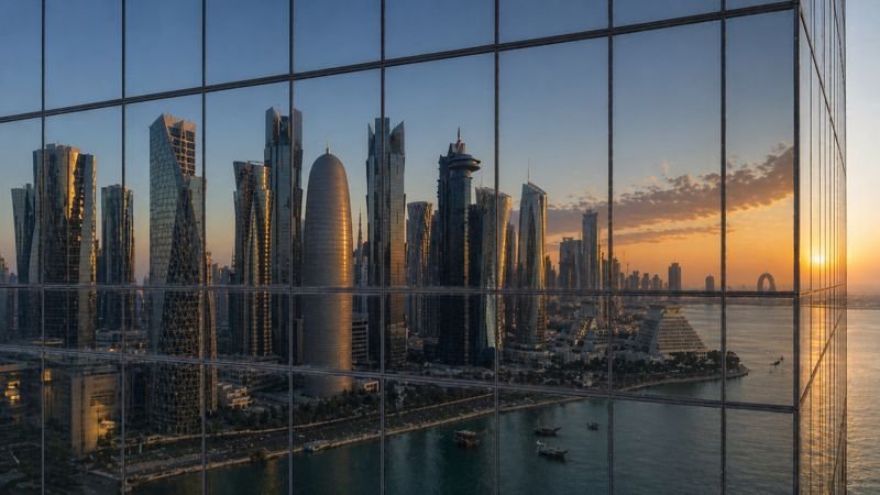 Clean window with crystal-clear reflection of the Doha skyline at sunset — after Clear Sky Drones cleaning